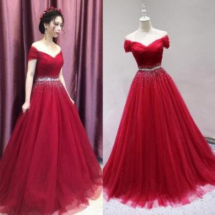Dark Red Beaded Tulle A-line Long Party Dress,..