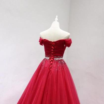 Dark Red Beaded Tulle A-line Long Party Dress,..