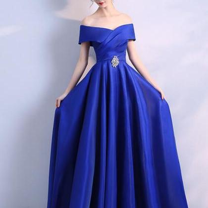 Elegant Off Shoulder Blue Satin Long Party Dress..