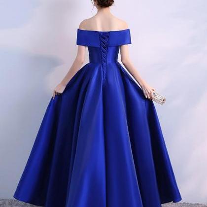 Elegant Off Shoulder Blue Satin Long Party Dress..