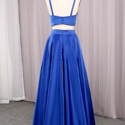 Beautiful Royal Blue Satin Straps Two Piece Party..