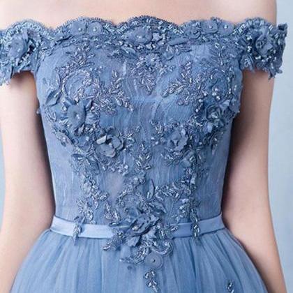 Blue Fashion Tulle Party Gown, A-line Prom Dress..