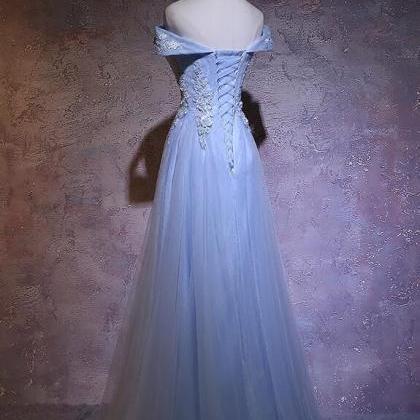 Blue Tulle Long Formal Dress, Elega..