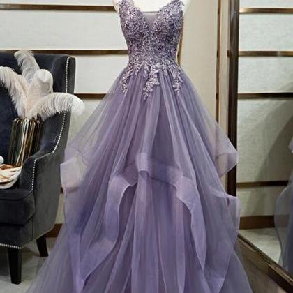 Charming Purple Long Formal Gown, Straps Long Prom..