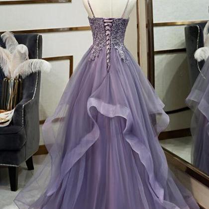 Charming Purple Long Formal Gown, Straps Long Prom..