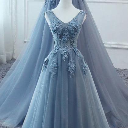 Beautiful Blue Tulle Long Party Gown, Prom Dress..