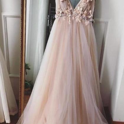 Beautiful Pink Tulle Flowers V-necline Party Gown,..