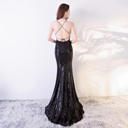 Sexy Black Straps Mermaid Sequins Long Evening..