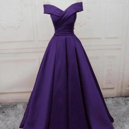 Purple Satin Long Party Dress, A-line Off Shoulder..