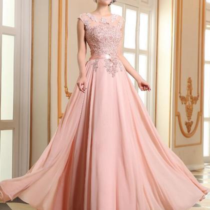 Pink Chiffon Cap Sleeves Long Bridesmaid Dress,..
