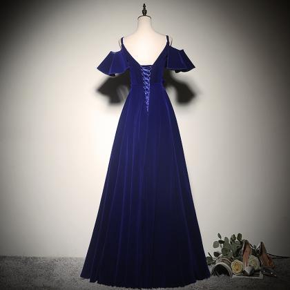 Blue Velvet A-line Long Party Dress, Long Junior..