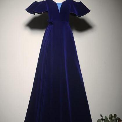 Blue Velvet A-line Long Party Dress, Long Junior..