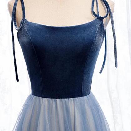 Blue Tulle With Velvet Straps Long Party Dress,..