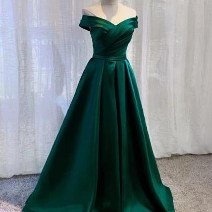 Beautiful Green Satin Long Party Dress, A-line..