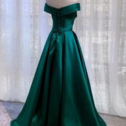 Beautiful Green Satin Long Party Dress, A-line..