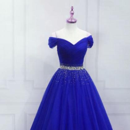 Royal Blue Beaded Long Sweetheart Party Dress,..