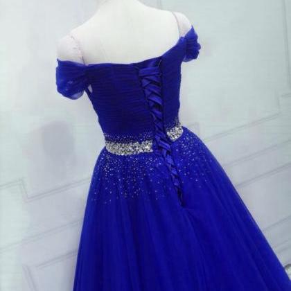 Royal Blue Beaded Long Sweetheart Party Dress,..