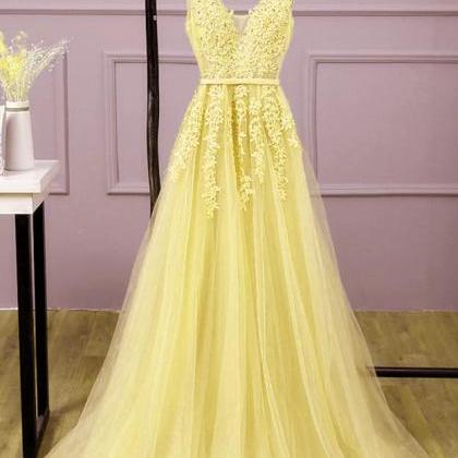 Beautiful Yellow Long Formal Gown, A-line Tulle..