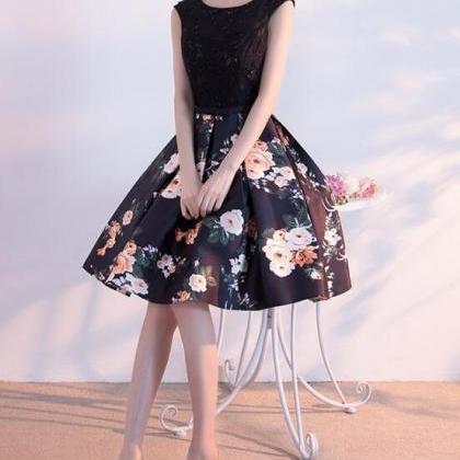 Black Floral Short Homecoming Dress, A-line Black..