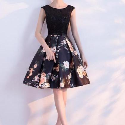 Black Floral Short Homecoming Dress, A-line Black..