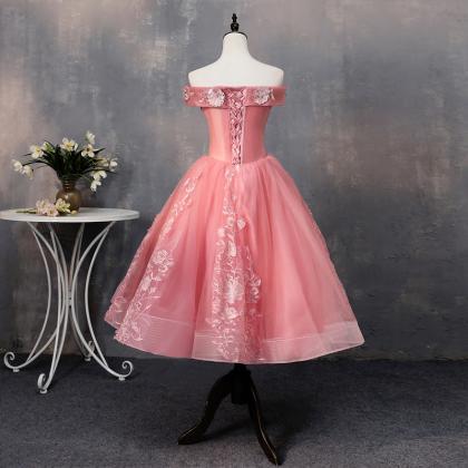 Pink Tea Length Sweetheart Off Shoulder Prom..