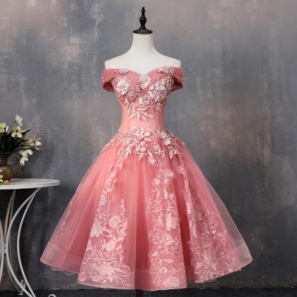 Pink Tea Length Sweetheart Off Shoulder Prom..