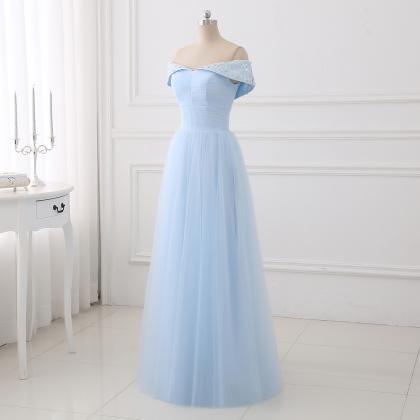 Cute Blue Tulle Beaded Off Shoulder Party Dress,..