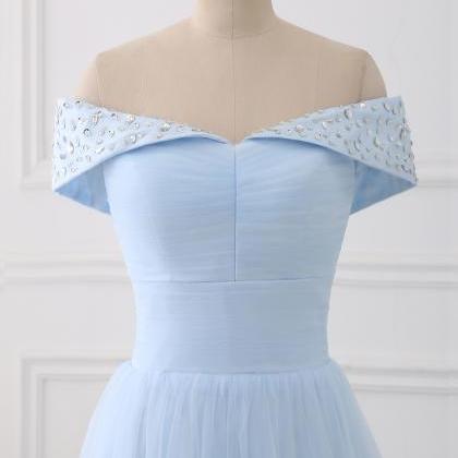 Cute Blue Tulle Beaded Off Shoulder Party Dress,..