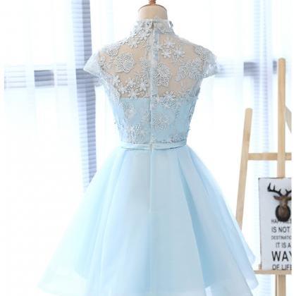 Light Blue Short Lace Cute Homecoming Dress,blue..