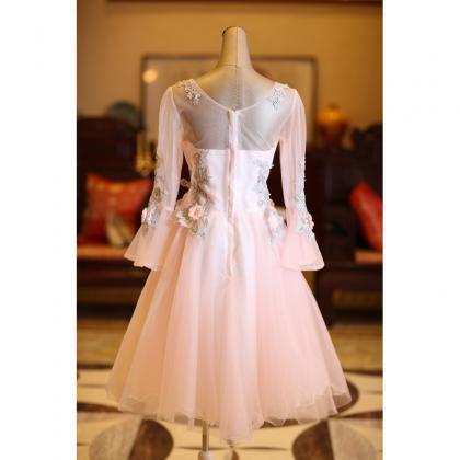 Beautiful Pink Long Sleeves Tulle Short Homecoming..