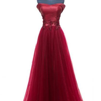 Wine Red A-line Off Shoulder Evening Gown, Tulle..