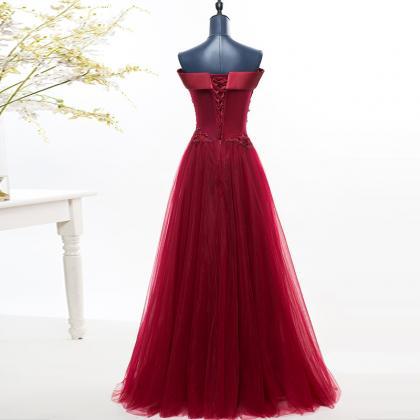 Wine Red A-line Off Shoulder Evening Gown, Tulle..