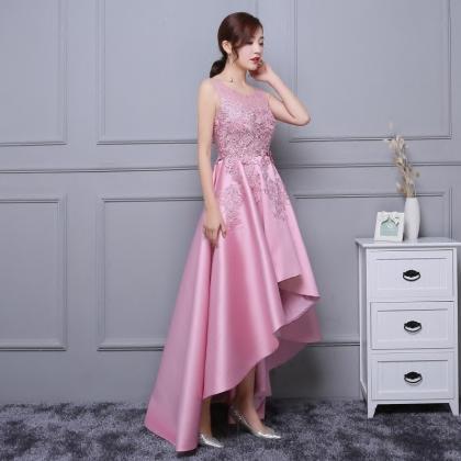 Pink Lace And Satin Party Dress, Round Neckline..