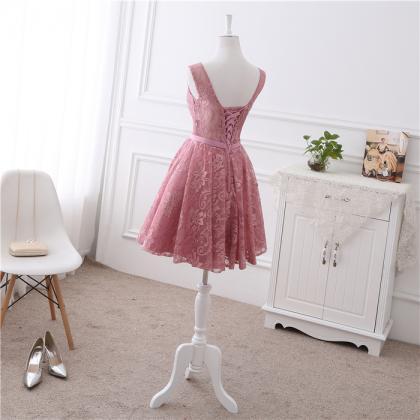 Beautiful Pink Lace Knee Length Round Neckline..