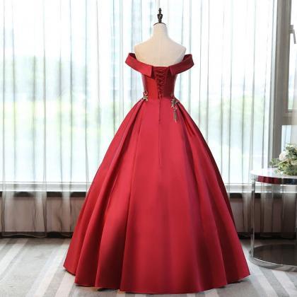 Red Satin Long Off Shoulder Party Dress, Ball Gown..