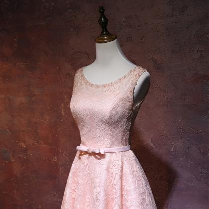 Pink Lace Short Round Neckline Bridesmiad Dress,..