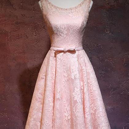 Pink Lace Short Round Neckline Bridesmiad Dress,..