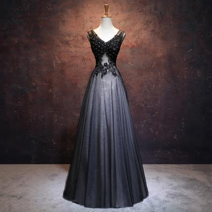 Black Tulle V-neckline Long Prom Dress, Black..