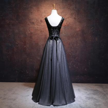 Black Tulle V-neckline Long Prom Dress, Black..