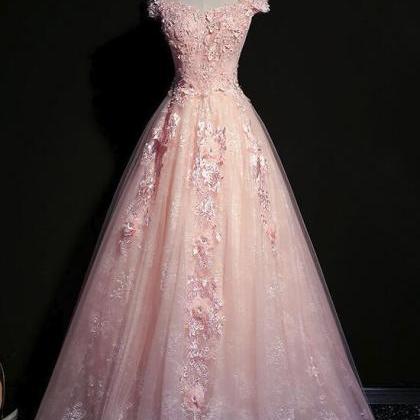 Pink Off Shoulder Lace Long Evening Dress, Pink..