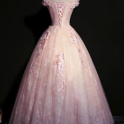 Pink Off Shoulder Lace Long Evening Dress, Pink..