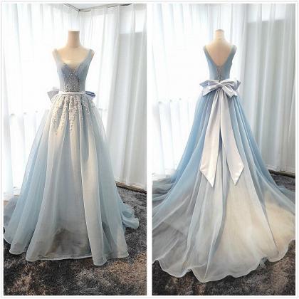 Beautiful Blue Tulle V-neckline Long Party Dress,..