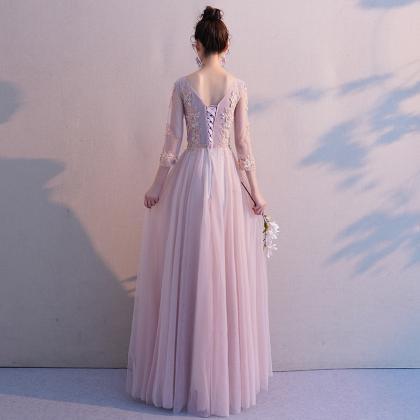 Pink Tulle Fashion Long Sleeves Formal Dress, Pink..