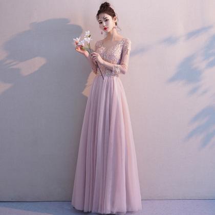 Pink Tulle Fashion Long Sleeves Formal Dress, Pink..