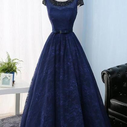 Blue Lace Round Neckline Backless Long Formal..