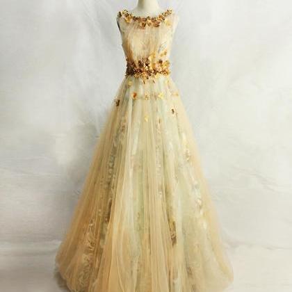 Beautiful Floral Tulle Champagne Long Party Dress,..