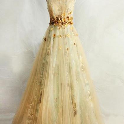 Beautiful Floral Tulle Champagne Long Party Dress,..