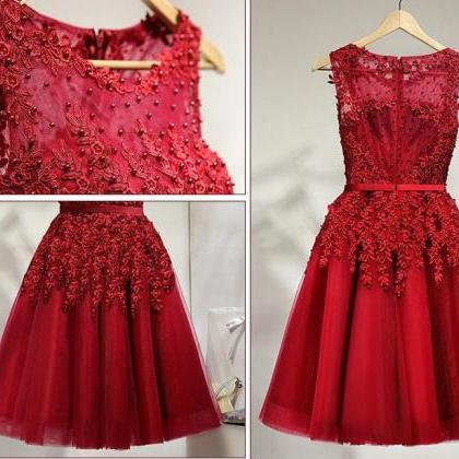 Beautiful Short Wine Red Beaded Homecoming Dress,..