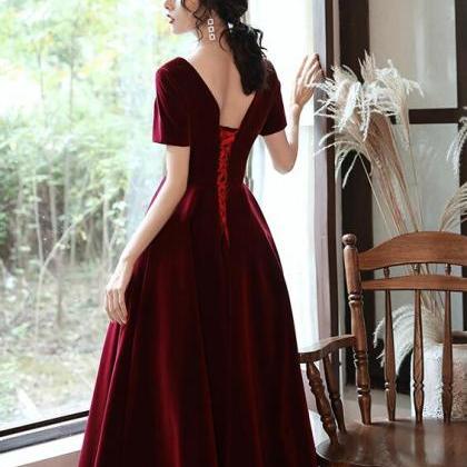 Burgundy Velvet Tea Length Bridesmaid Dress, Short..