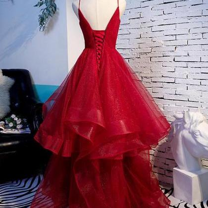 Beautiful Straps Tulle Long Wine Red Prom Dress,..